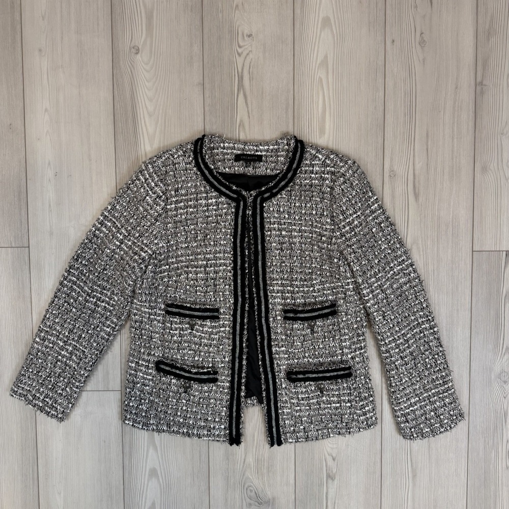 Talbots Twinkling Tweed Knit Jacket Women's 12 Black White Blazer Preppy Lined